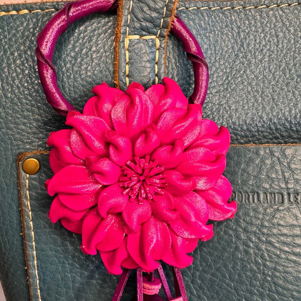 Bright Pink Dahlia Leather Flower Purse Charm Genuine Leather Pink Bag Charm - Picture 3 of 5